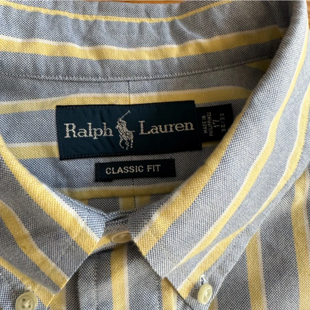 Ralph Lauren Blue and White Striped Classic Fit Shirt Neck Size 17 Preppy - Picture 13 of 14